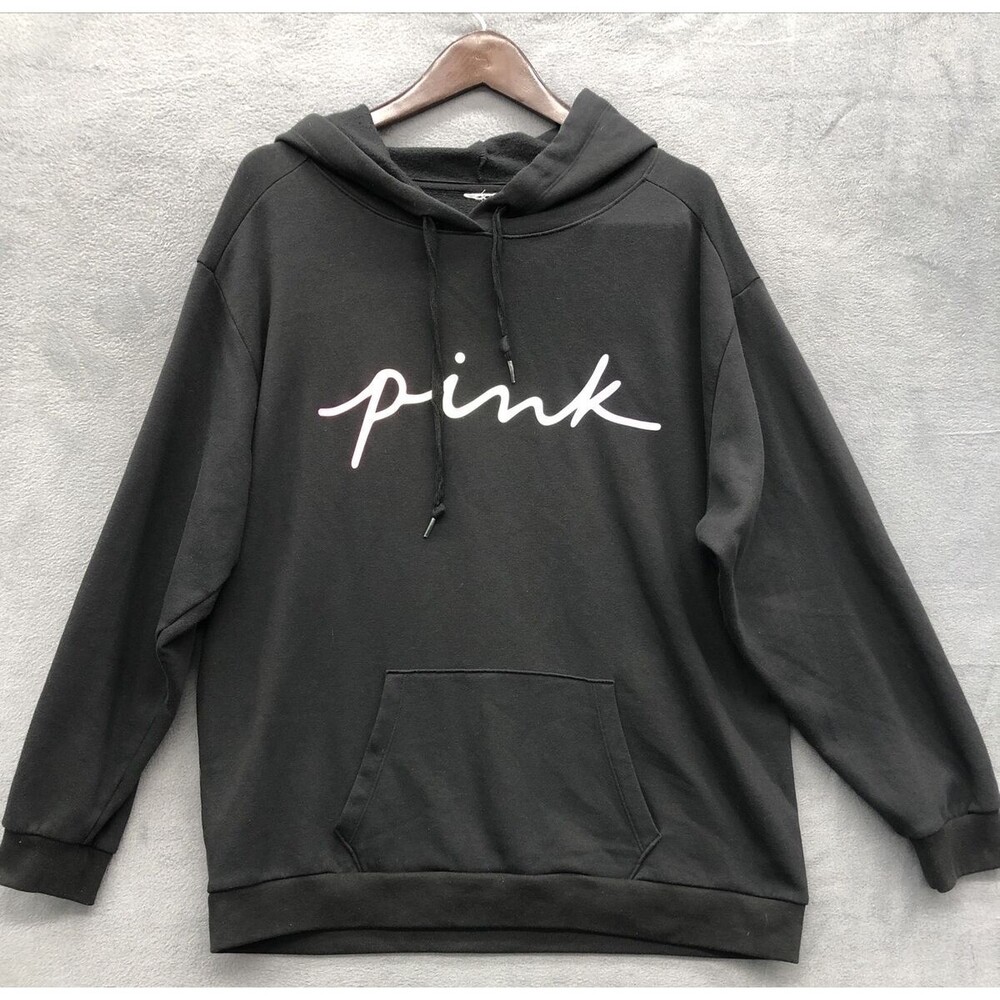 Victoria’s Secret PINK Hoodie Womens Black Pink Ombre Spellout Logo Y2K Pullover
